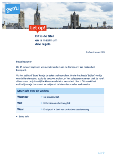 Bewonersbrief van Stad Gent over wegwerkzaamheden.